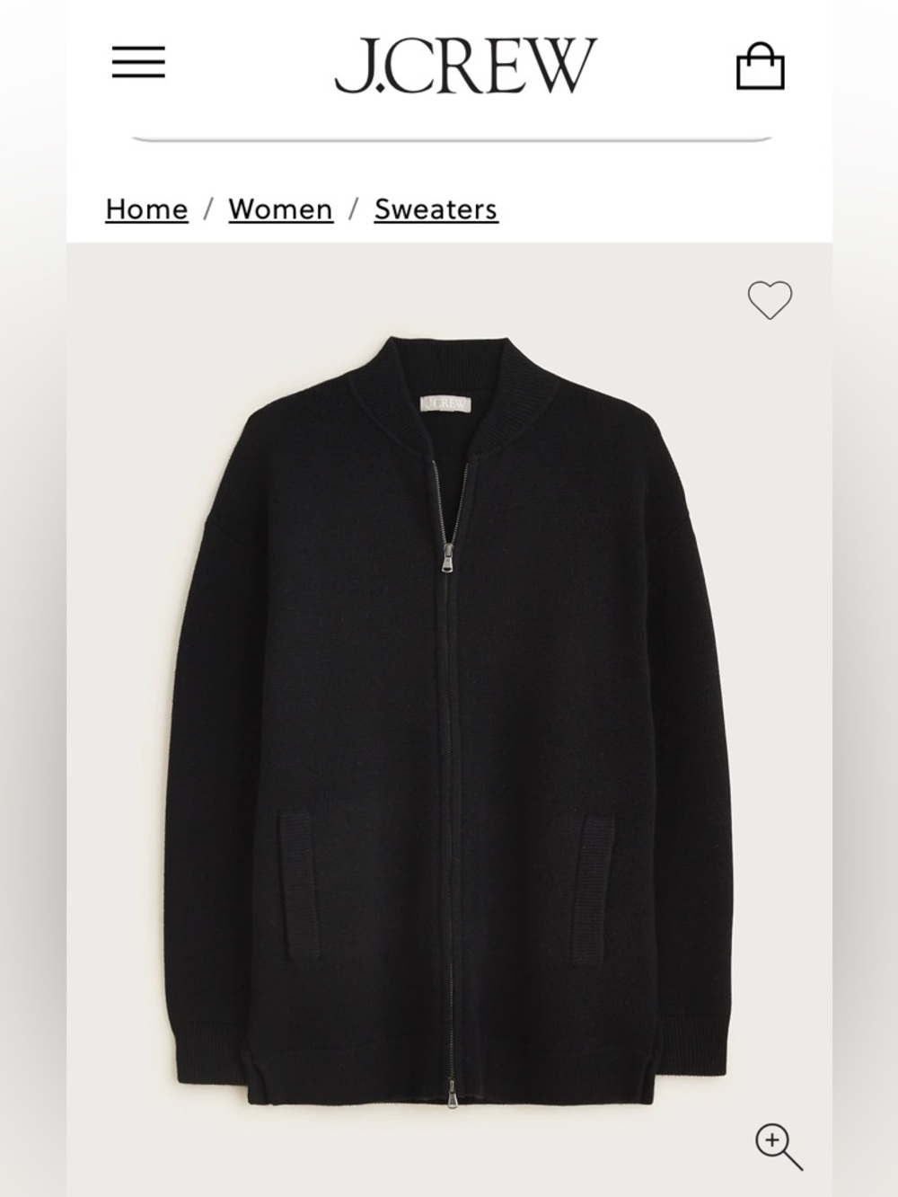 J. Crew Black Zip-Up 30% Lambs Wool Sweater Jacket- Size Medium